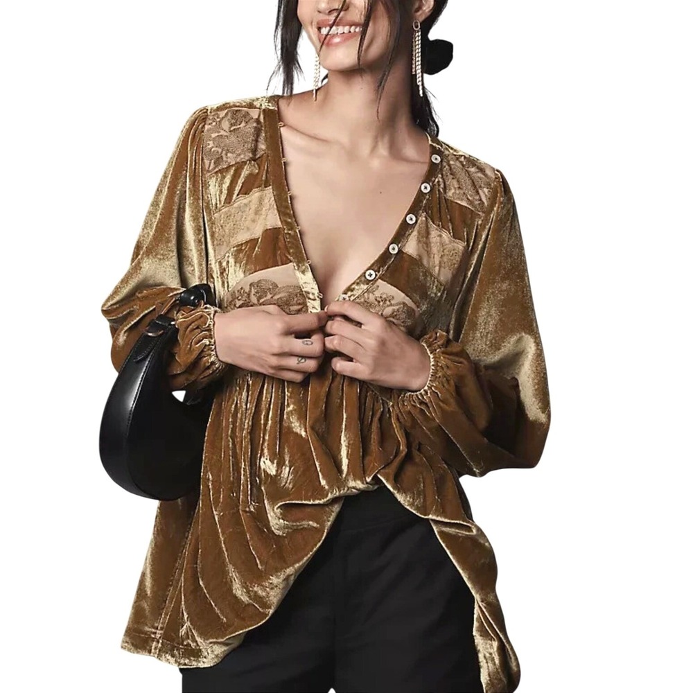 Anthropologie Gold Velvet Lace Trim V Neck Long Sleeve Tunic Top Oversized Small